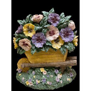 Vintage Resin Floral Wheelbarrow Figurine With Multicolor Flowers & Greenery